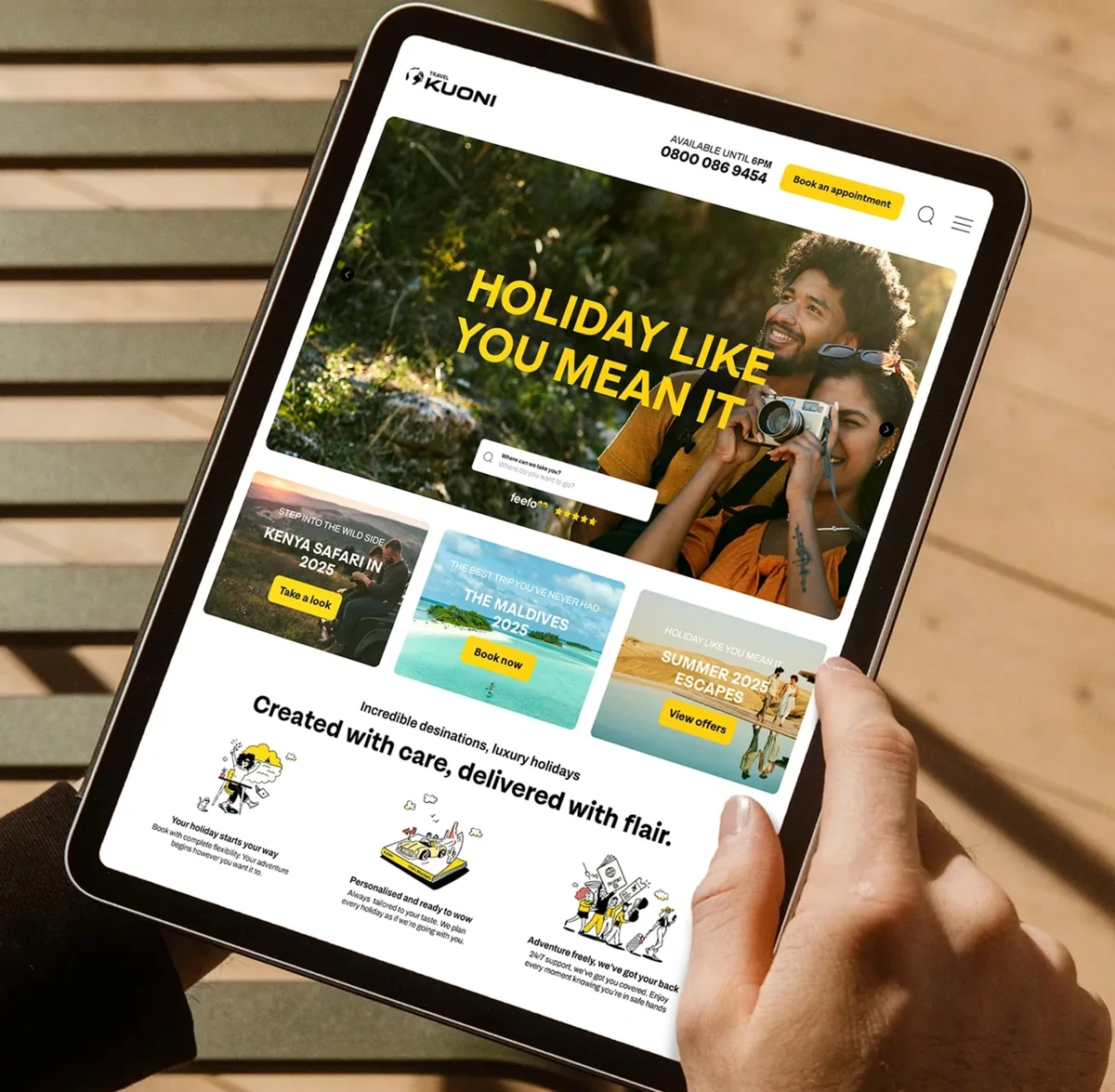Kuoni website shown on a tablet, with the new brand applied to the browsing and booking experience.